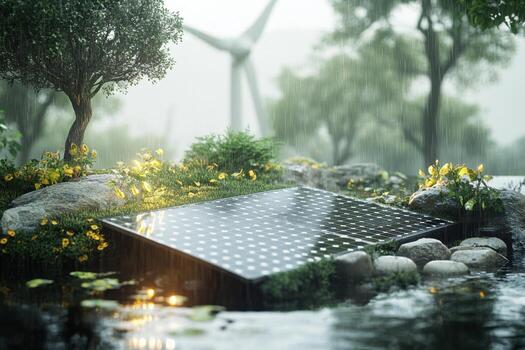 Solar panels in the rainforest with wind turbines photo