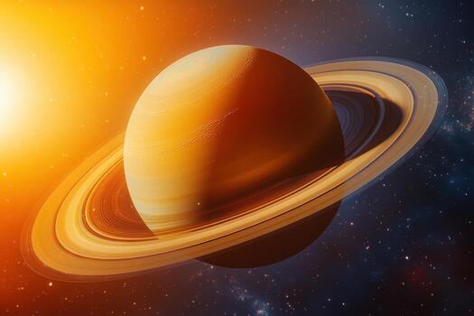 Saturn in space with the sun in the background photo