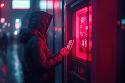 A person in a hoodie is looking at a machine photo