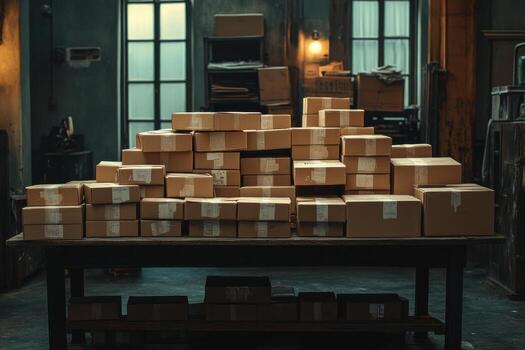 A table full of boxes in a warehouse photo