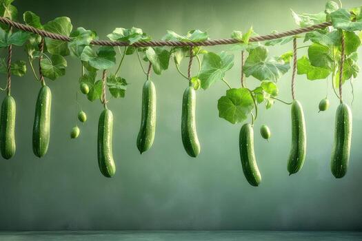 Cucumbers hanging from a rope on a green wall photo