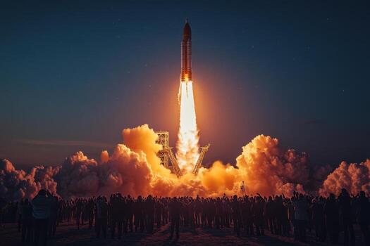 A rocket is taking off into the sky with a crowd of people photo