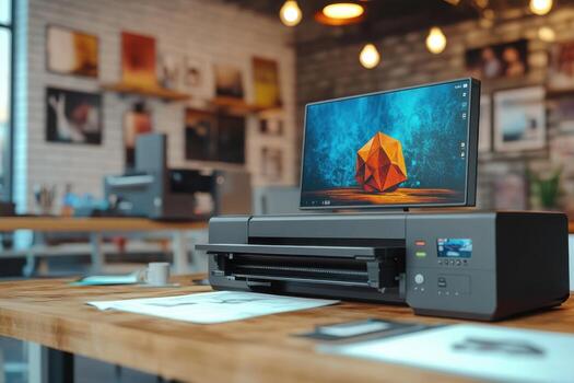 A printer on a desk with a laptop on top photo