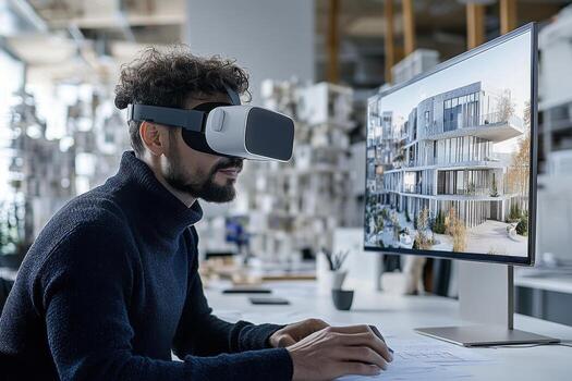 A man wearing a virtual reality headset is working on a computer photo