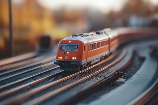 un rojo tren es en el pistas en frente de un edificio foto