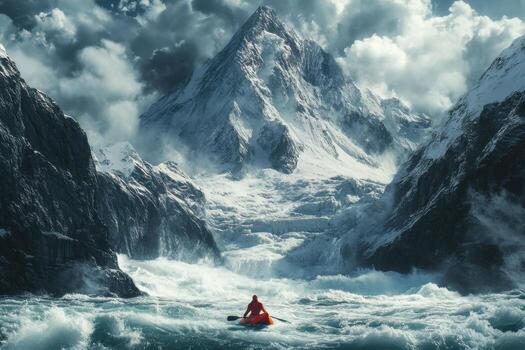 A man in a kayak is in the middle of a stormy ocean photo