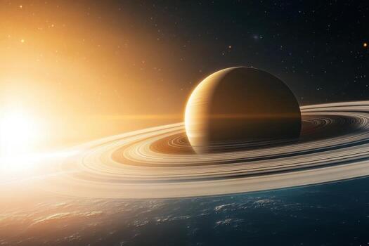 Saturn in space with sun and earth elements of this image furnished by nasa photo