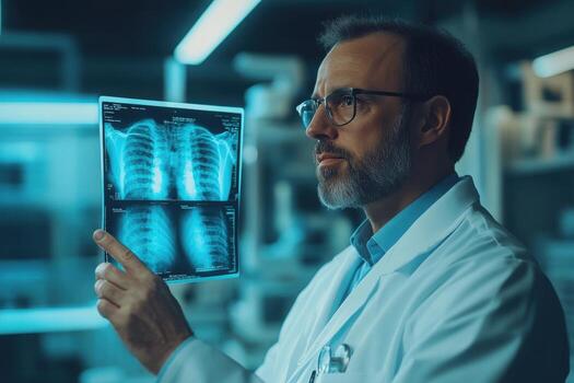 A man in a lab coat is holding up an x - ray image photo