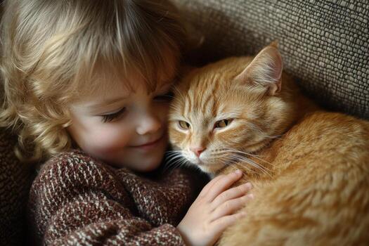 A little girl is hugging a cat photo