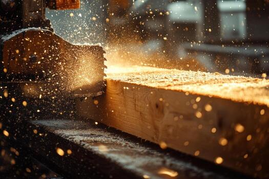 A woodworker is using a saw to cut wood photo