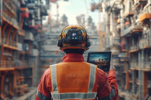 A man in an orange vest holding a tablet computer photo
