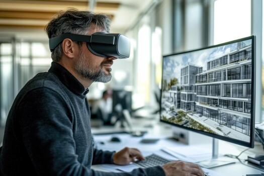 A man wearing a virtual reality headset in front of a computer screen photo