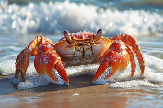 A crab is standing on the beach with waves photo