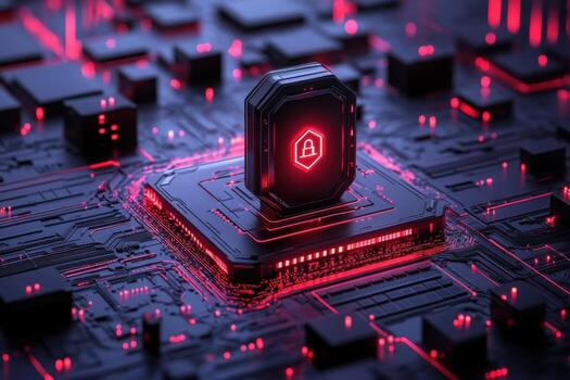 A red and black computer chip on top of a circuit board photo