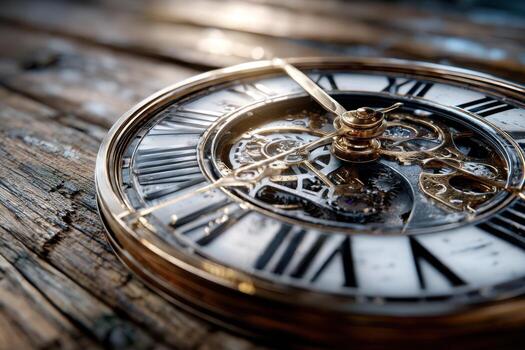 Vintage clock mechanism displayed on weathered wooden table showcasing intricate details photo