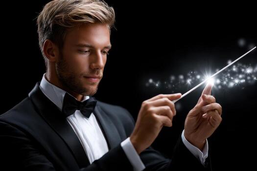 Magician performing captivating tricks onstage during a night show photo