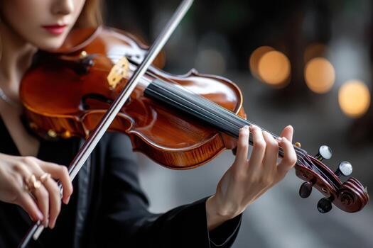 Musician performs with violin in urban setting during evening hours photo
