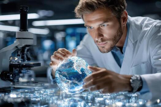 Scientist examining a glowing globe in a high-tech laboratory environment photo