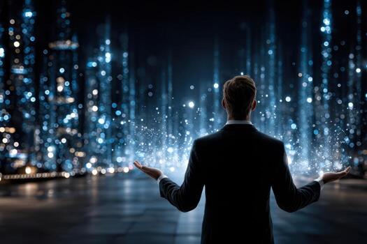 Man in suit gestures towards glowing digital skyline at night showcasing technology and innovation photo