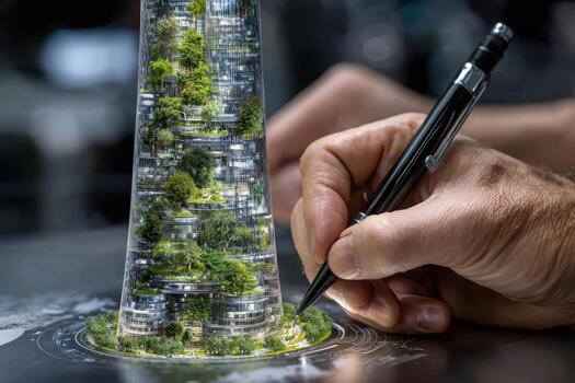 Creative design of a futuristic skyscraper with vertical gardens at a modern workspace photo