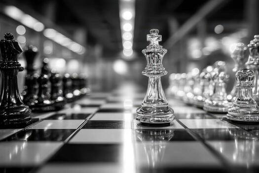 Chess game in progress with a focus on the clear king piece in a modern setting photo