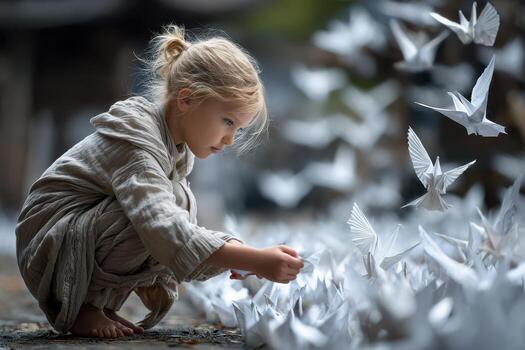Girl creating origami cranes in a serene garden filled with paper birds photo