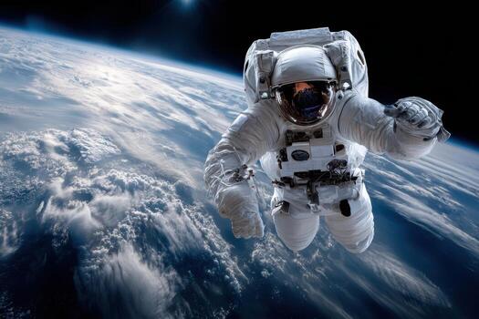 Astronaut floats in space with Earth and clouds below photo