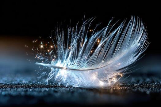 A single white feather glowing with ethereal light on a dark, sparkling surface photo