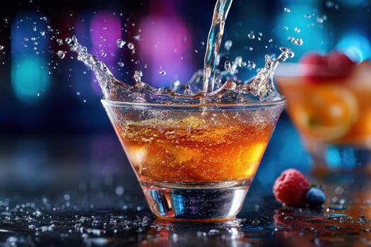 Amber cocktail splash with colorful bokeh background and berries photo