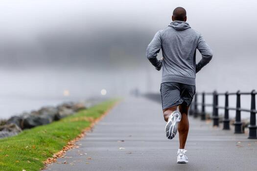 Man jogging on foggy path by water with railing photo