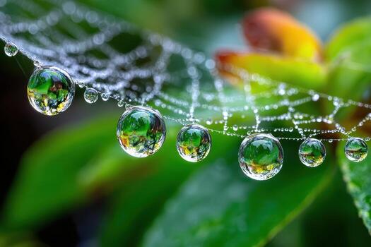 espumoso gotas de rocío adornar un telaraña en un lozano verde jardín foto