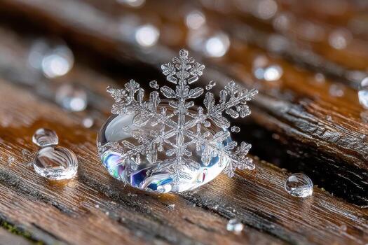 Intricate ice crystal snowflake on a water droplet on a wet wooden surface photo