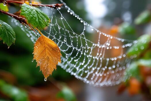 DewKissed Spiderweb with Autumn Leaf in Misty Forest photo