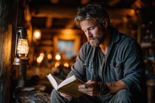Bearded man reading a book by lantern light in a rustic cabin photo