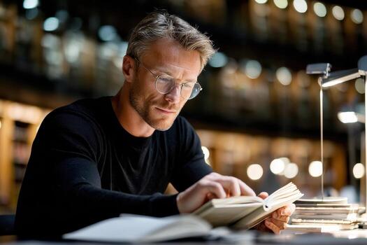 Man with glasses engrossed in a book at a dimly lit library table photo