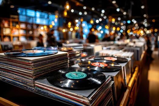 Stacks of vinyl records in a record store with blurred background photo