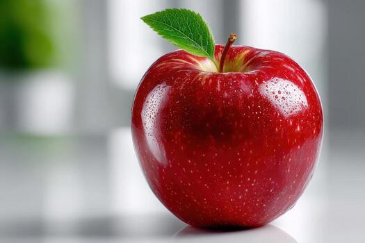A glistening red apple with a single leaf on a reflective surface photo