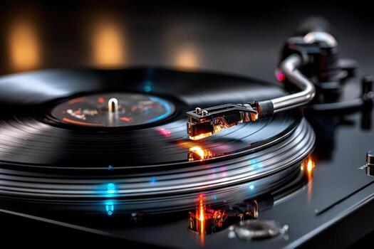 Closeup of a vinyl record player with colorful reflections photo