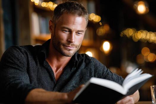 Man engrossed in a book at a cozy cafe with warm lighting photo