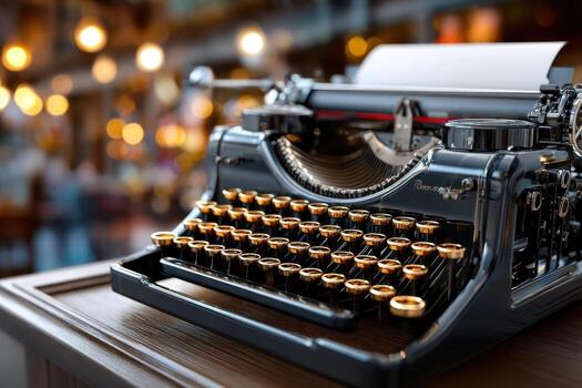 Vintage typewriter on wooden desk in a softly lit cafe setting photo