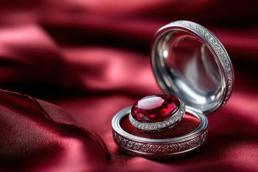 A large ruby gemstone in a silver case on red silk photo