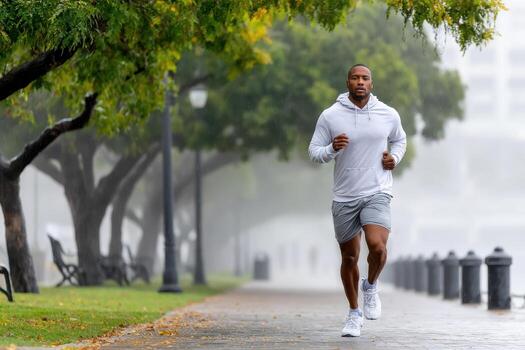 Man jogging in the rain on a paved path lined with trees and benches photo