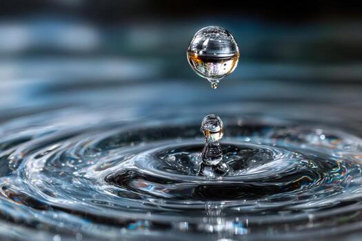 Closeup of two water droplets colliding, creating ripples and reflections photo