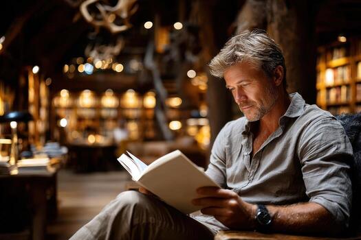 Mature man reading a book in a cozy, atmospheric library setting photo