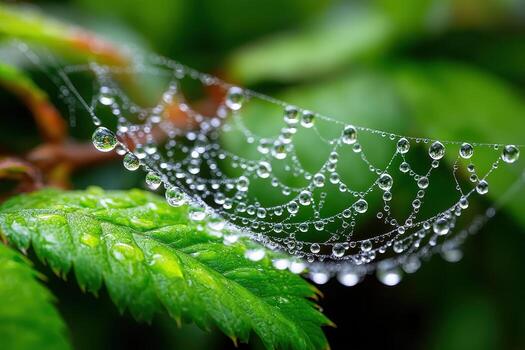 Closeup of sparkling dewdrops clinging to a delicate spiderweb in a lush green setting photo
