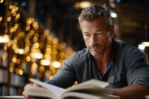 Mature man engrossed in a book at a cozy library with warm bokeh lights photo