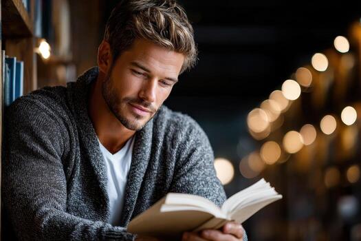 Handsome man reading a book in a cozy library with soft, warm lighting photo