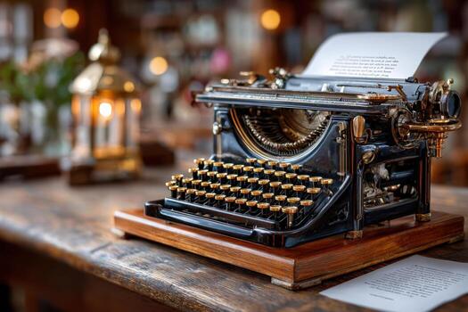 Antique Typewriter on Wooden Table with Paper and Blurred Background photo