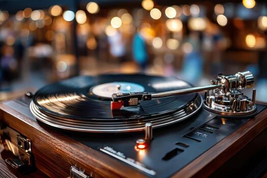 Vintage record player spinning a vinyl record in a softly lit, blurred cafe setting photo