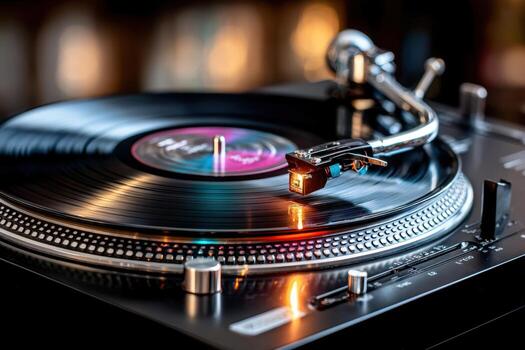 Closeup of a vinyl record spinning on a turntable with a blurred background photo